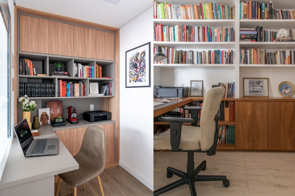 Dois quartos com prateleira de livro e escrivaninha 