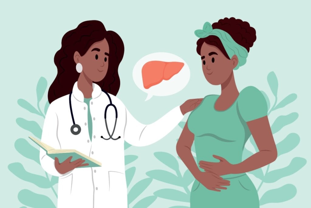 Ilustração de médica e paciente com mão na barriga