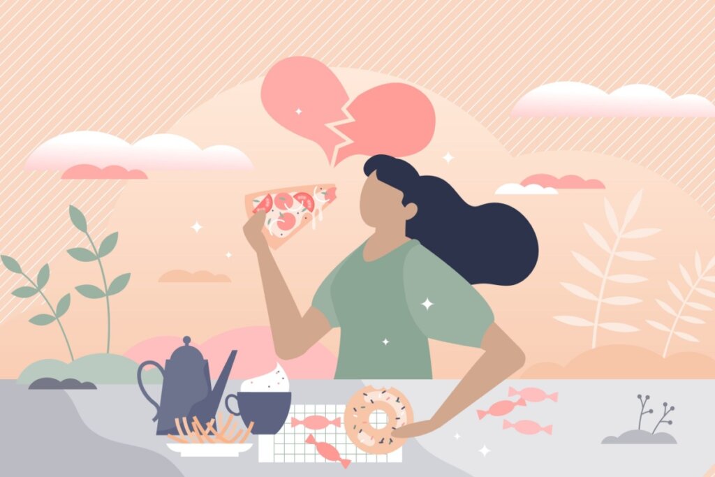 Ilustração de mulher comendo um lanche e segurando um donut