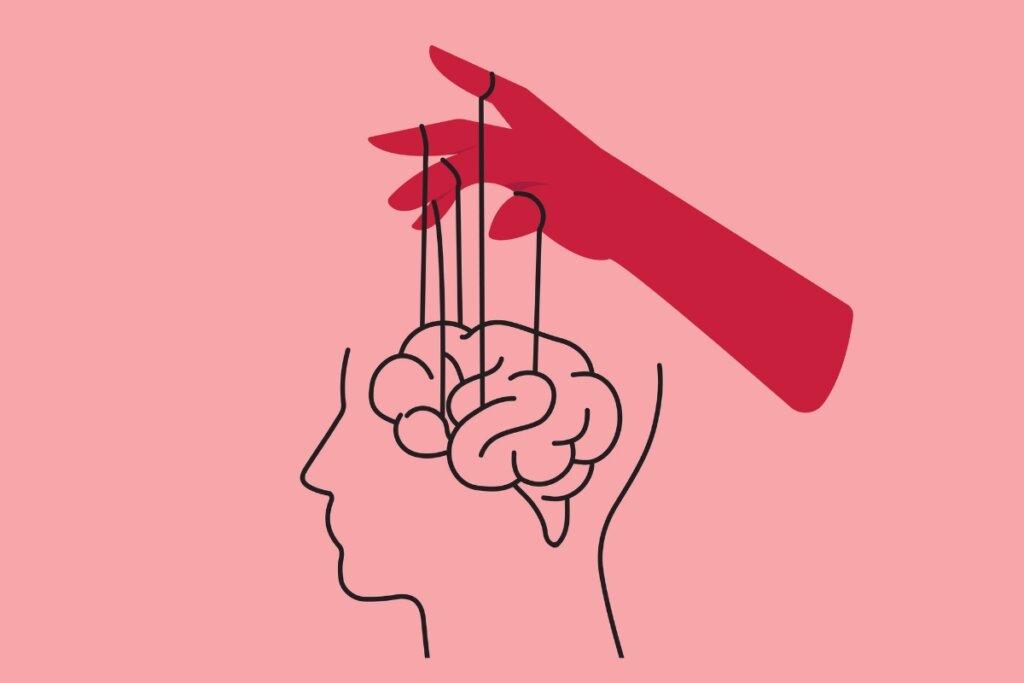 Ilustração de uma mão controlando com fios o cérebro de alguém