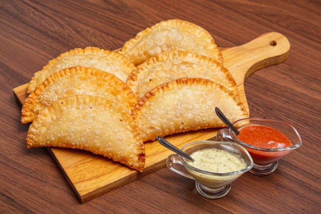 Pastéis em cima de uma mesa d emadeira com molhos ao lado