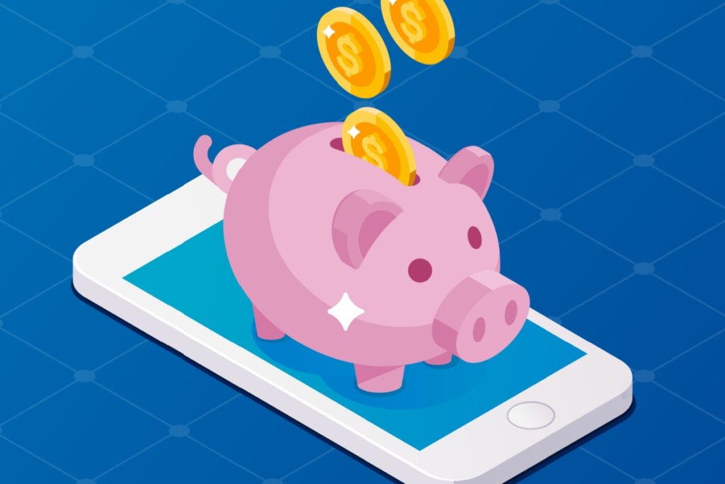 Ilustração de moedas entrando em cofrinho de porquinho rosa em cima de celular