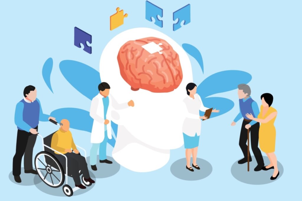 Ilustração representando profissionais de saúde e pacientes interagindo em torno de um grande cérebro, com elementos simbolizando demência vascular