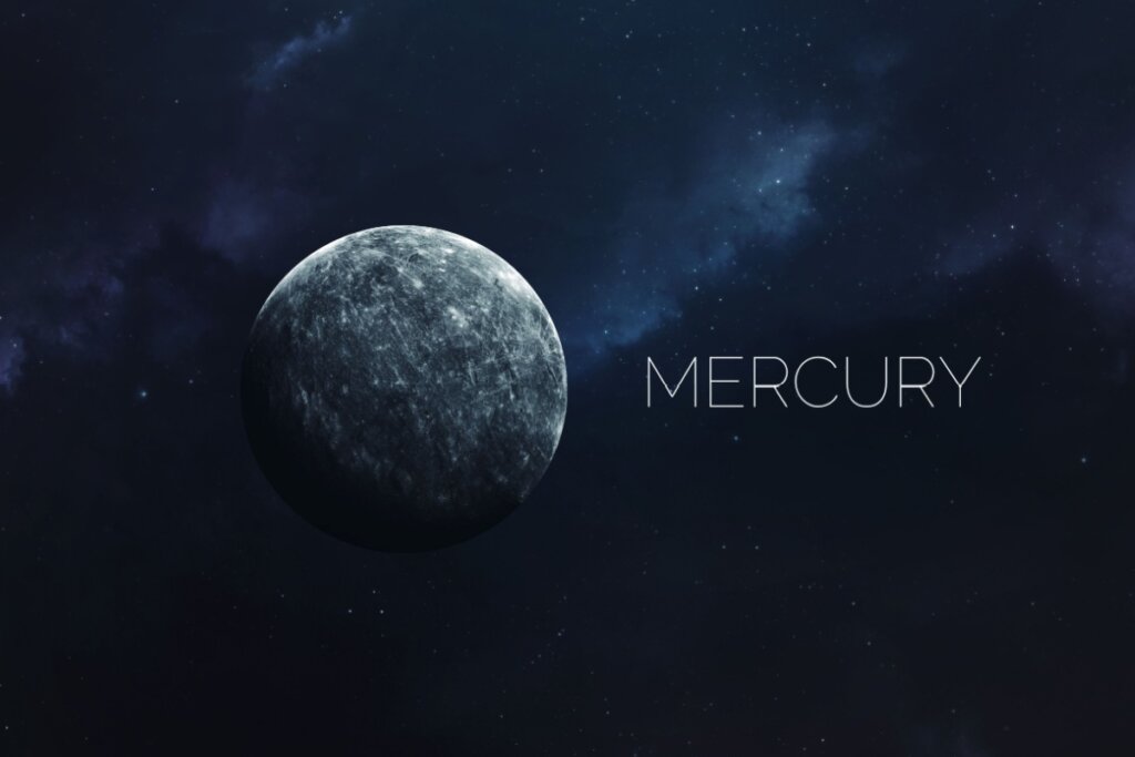 Planeta Mercúrio em fundo estelar azul e escrito "Mercury" ao lado