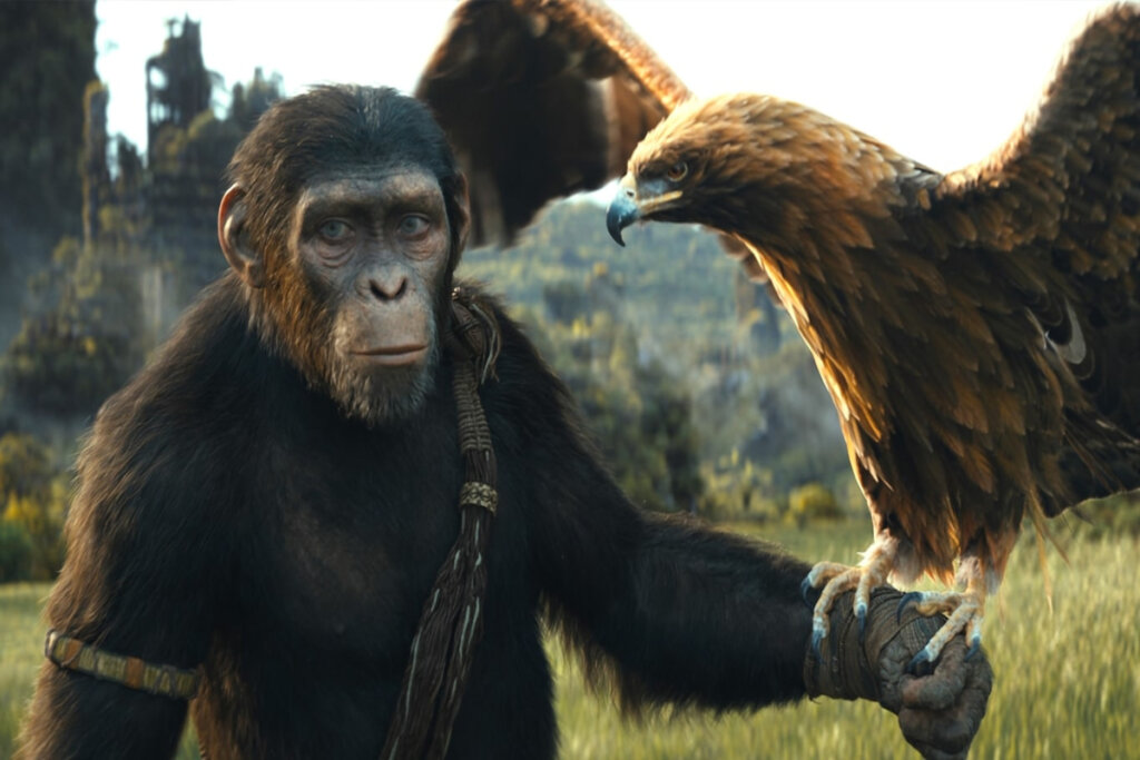 Cena do filme "Planeta dos Macacos: O Reinado"; macaco e ave