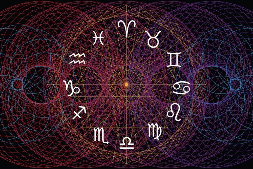 Diversos círculos coloridos formando mandala e ilustração do símbolo dos 12 signos