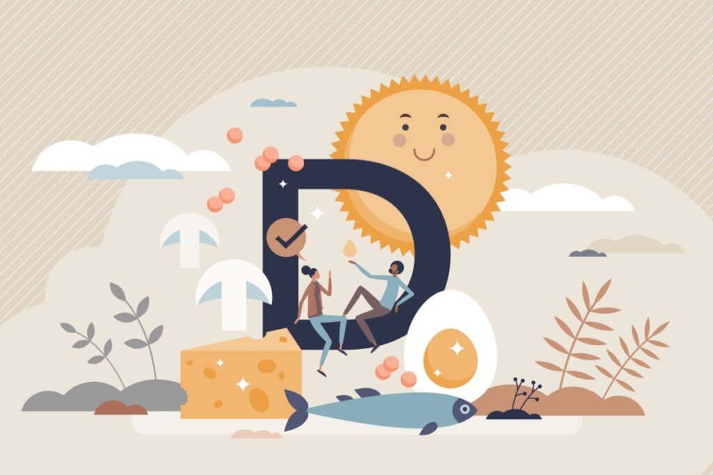 Ilustração com elementos relacionados à vitamina D, como sol, ovo, queijo