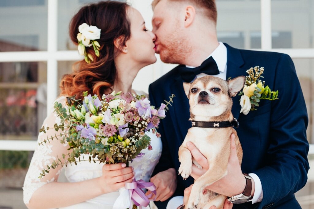 Casal de noivos segurando um cachorro