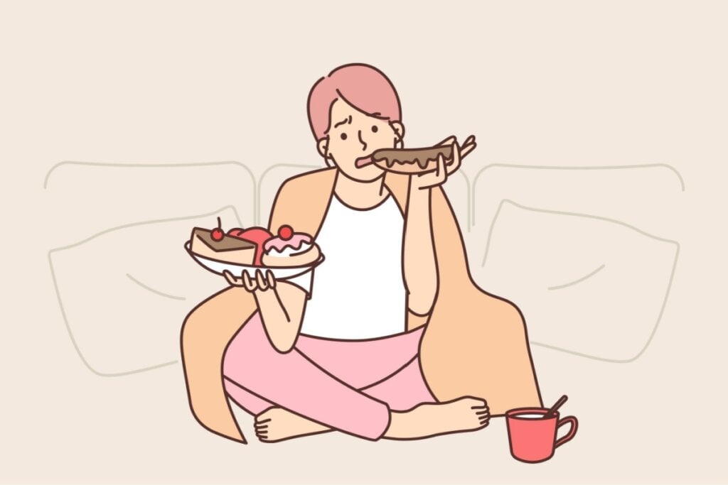 Ilustração de mulher com dois pratos de comida na mão sentada com cobertor nas costas