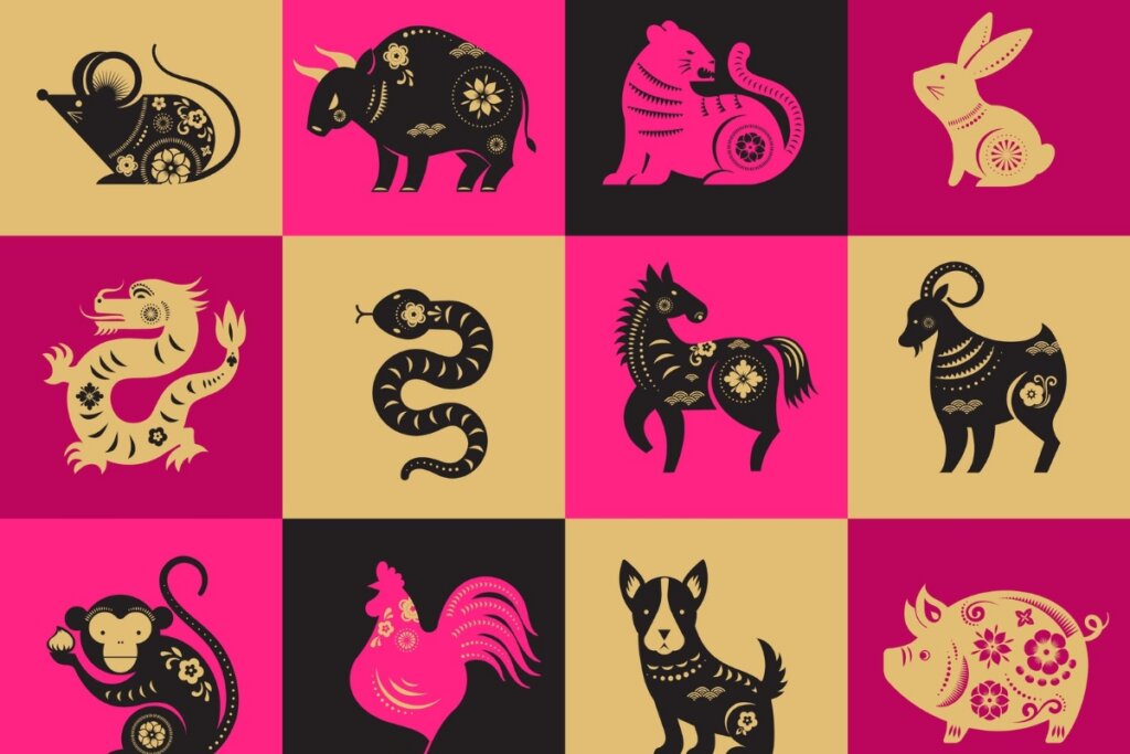Ilustração rosa, preto e bege com os doze signos do zodíaco