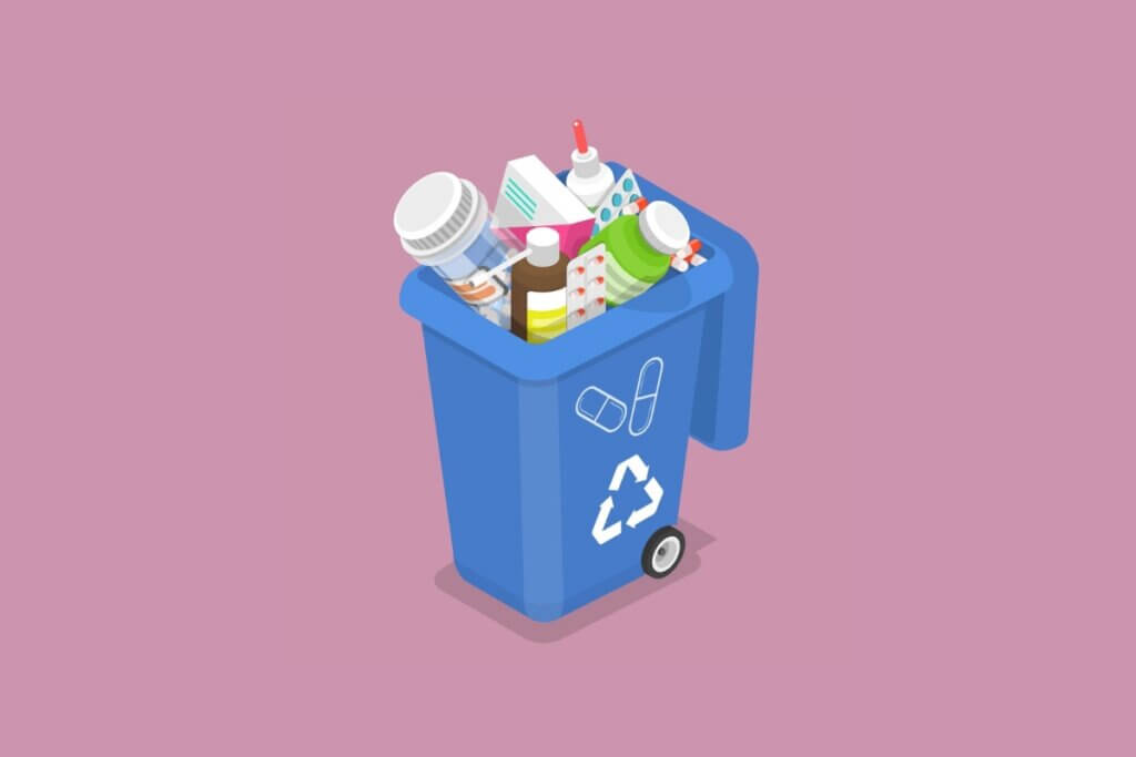Ilustração de um lixo com itens hospitalares 