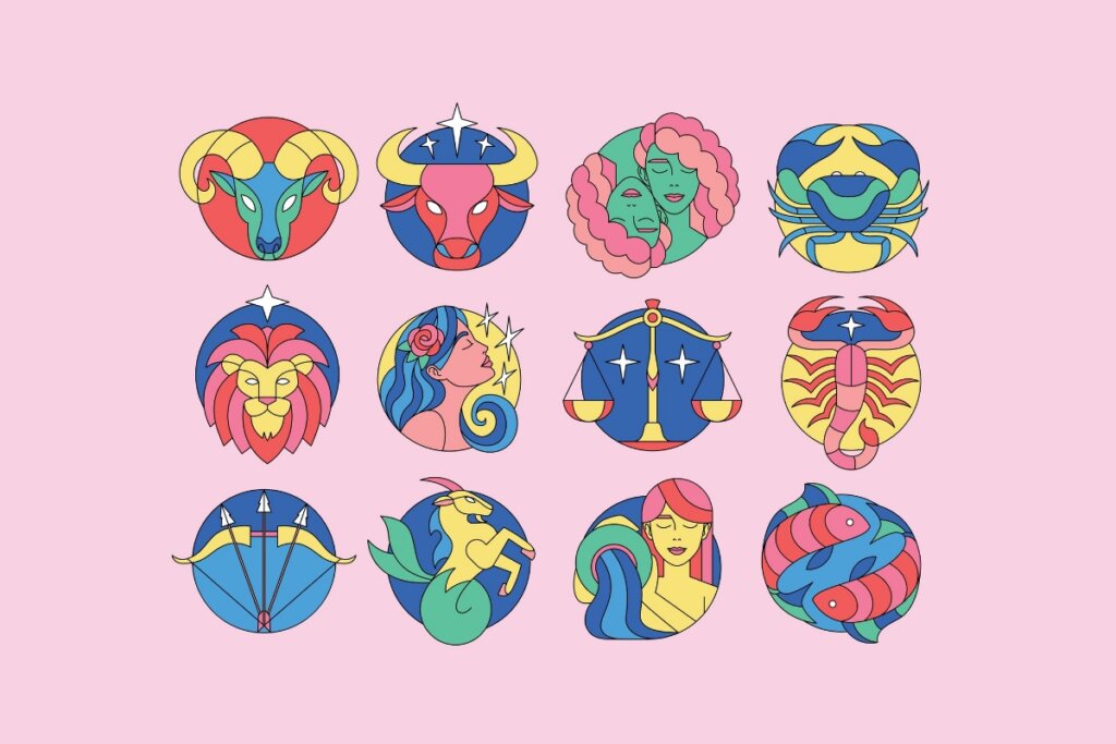 Ilustração dos doze signos do zodíaco em um fundo rosa