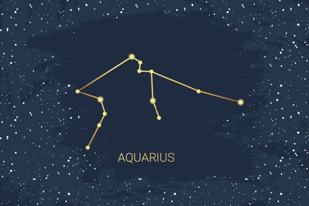 Símbolo da constelação de Aquário em fundo escuro estrelado