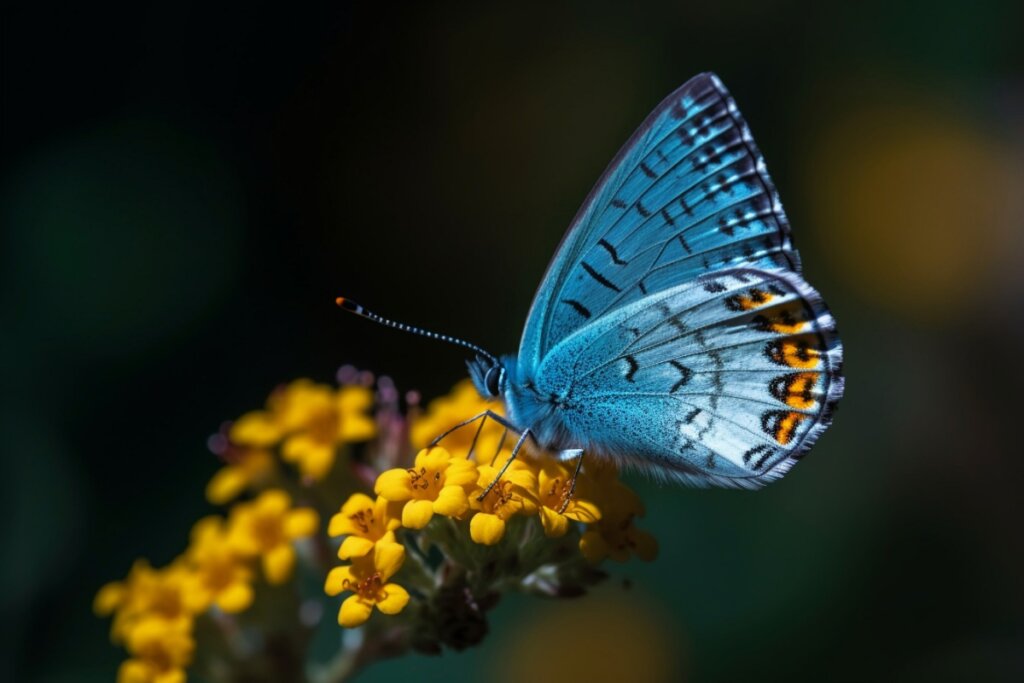 Borboleta grande azul pousada em cima de flores pequenas amarelas