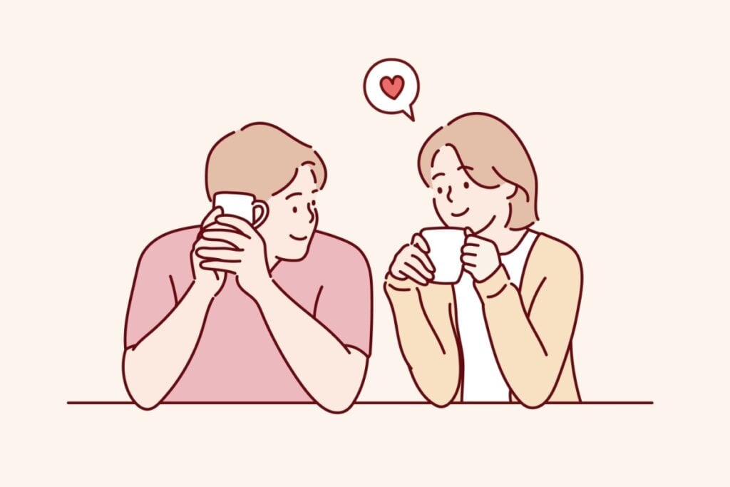 Ilustração de um casal bebendo uma bebida juntos e se olhando em um fundo rosa-claro
