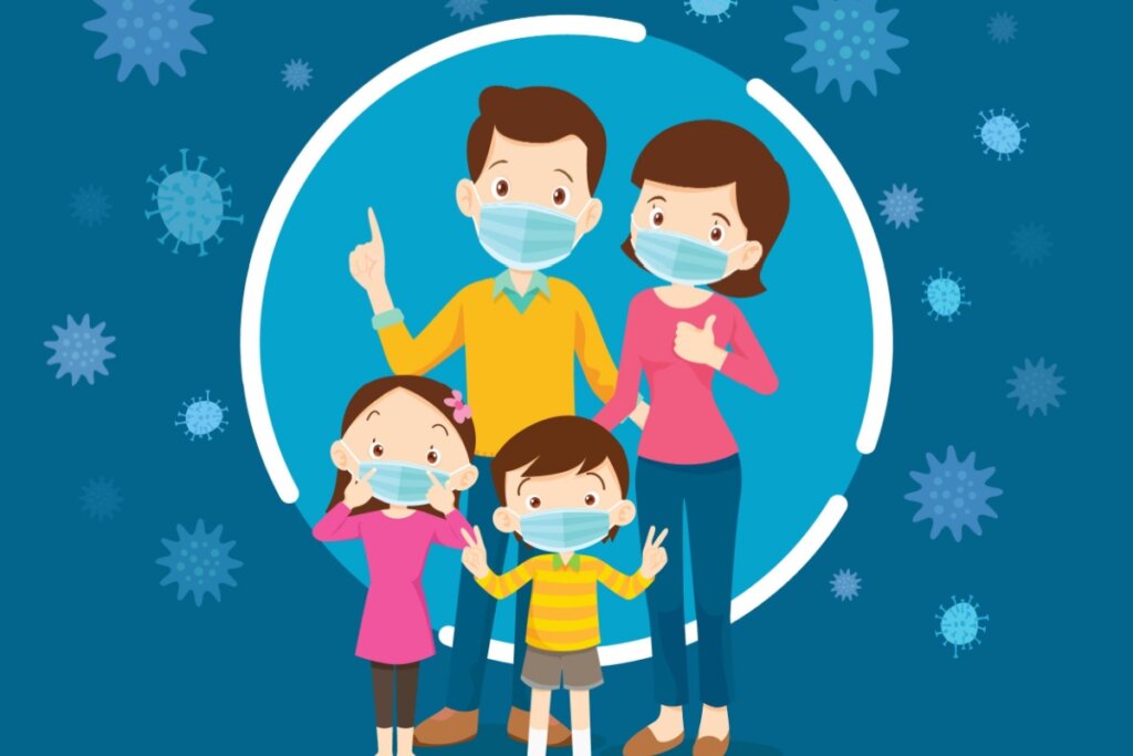 Illustration of family with mask and virus around