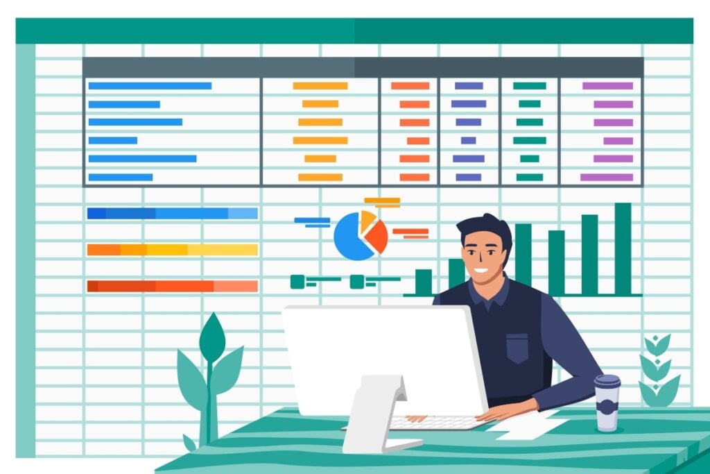 Ilustração de um homem sentado e trabalhando em um computador sorrindo, atrás dele há uma representação de uma planilha de contas