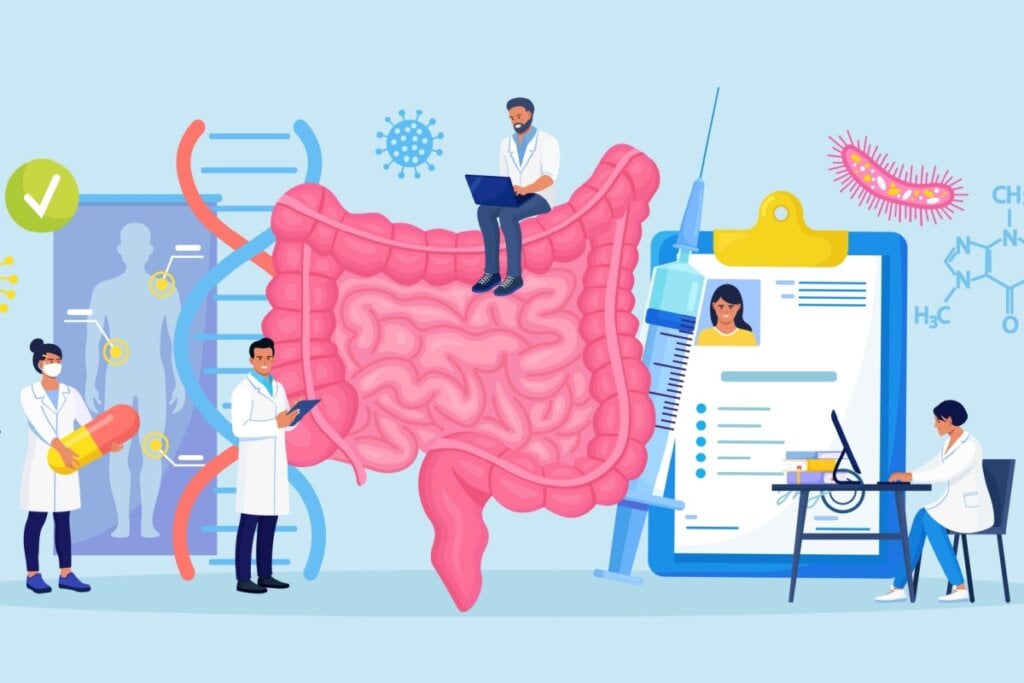 Ilustração de médicos examinando intestino