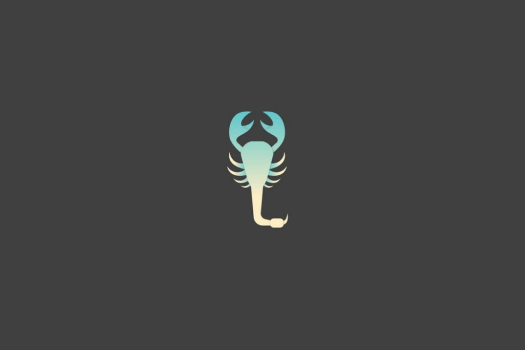 Símbolo do signo de escorpião em azul e branco com fundo cinza