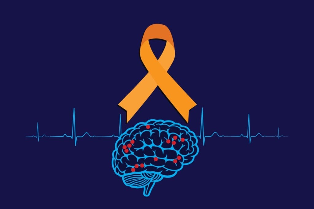 Ilustração de laço laranja em cima de cérebro azul