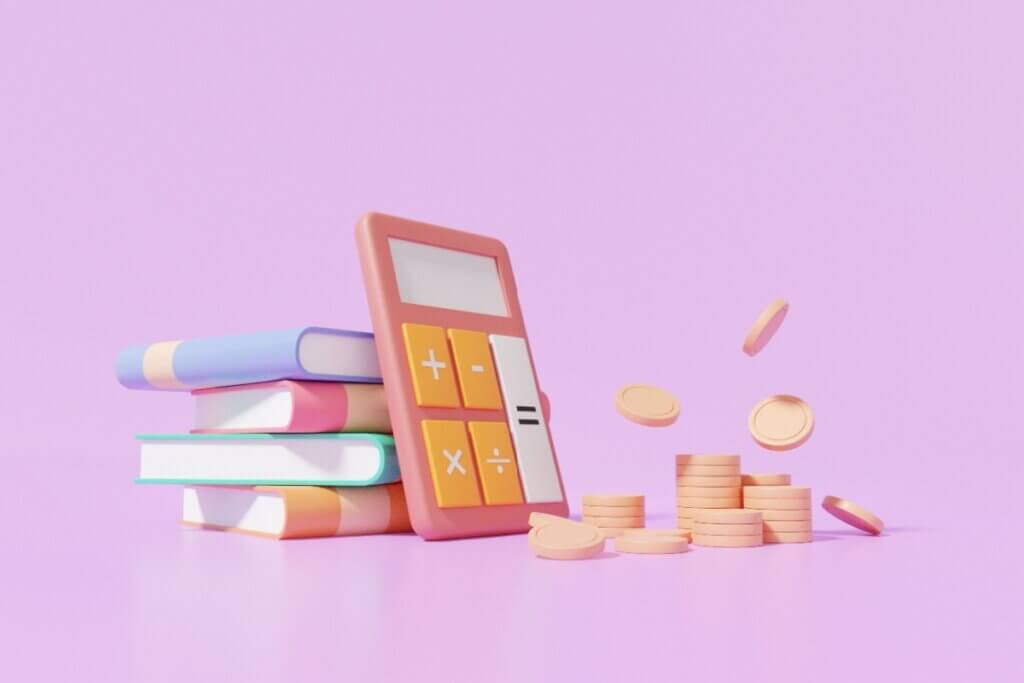 livros ao lado de uma calculadora e moedas caindo em um fundo rosa