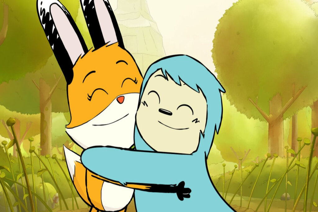 Ilustração de personagem lobo-guará Lupi e o bicho-preguiça Baduki se abraçando felizes 