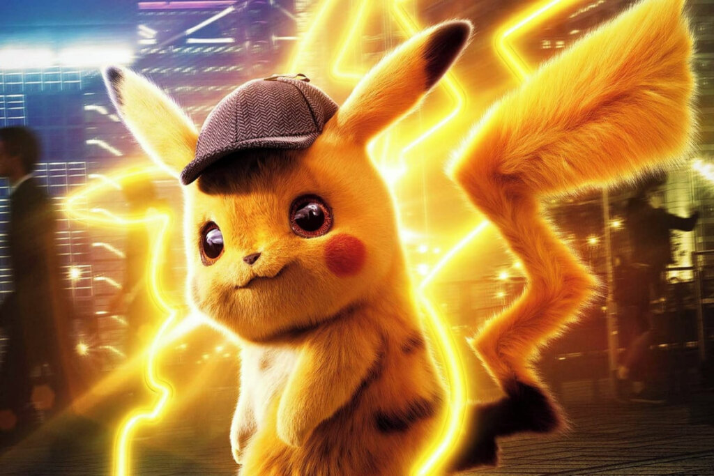 Pokémon Pikachu de boné olhando para a câmera em fundo iluminado por raios amarelos 