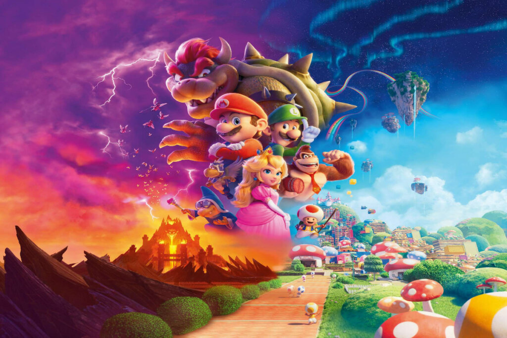 Pôster do filme super Mario Bros. acima no céu estão os personagens principais em uma nuvem de fumaça colorida que está acima da cidade dos cogumelos 