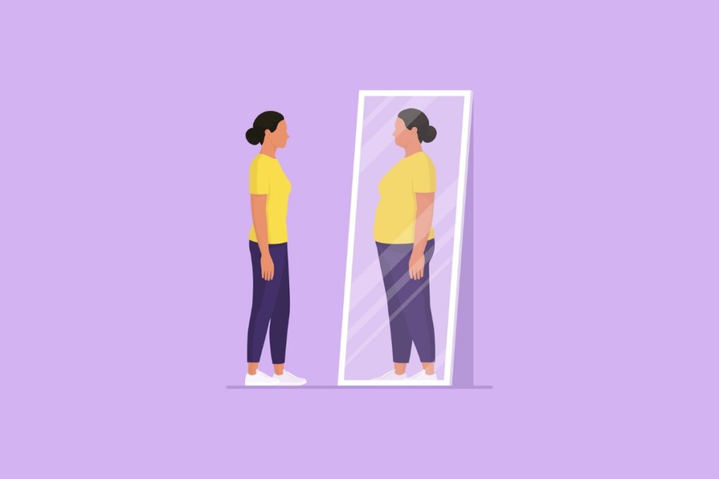 Ilustração de uma mulher magra se vendo acima do peso em um espelho