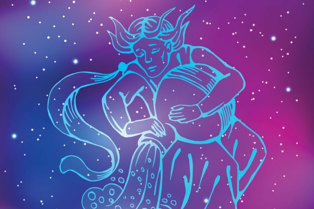 Ilustração do signo de Aquário em um fundo rosa e azul com estrelas