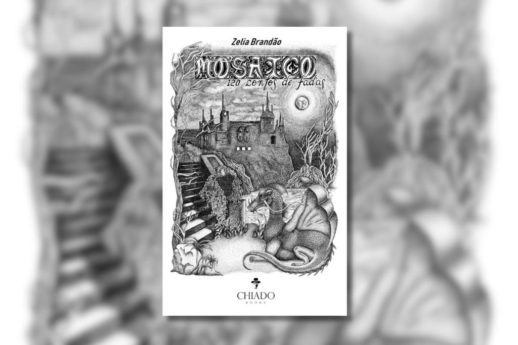 Capa do livro "Mosaico – 120 contos de fadas" com ilustração de castelo e dragão em preto e branco