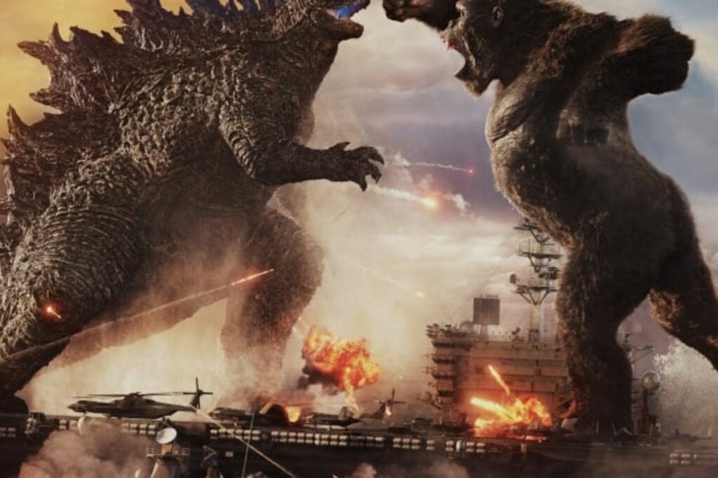 Capa do filme "Godzilla e Kong: O Novo Império"com os dois monstros lutando