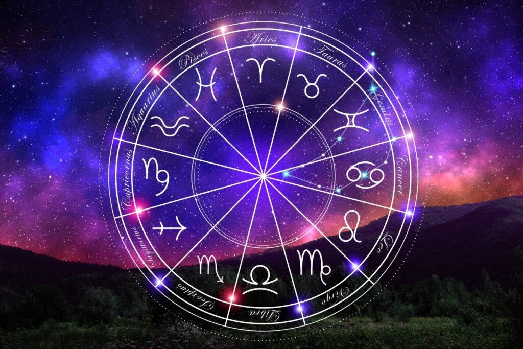 Ilustração de um círculo com os doze signos do zodíaco em um céu estrelado azul e rosa