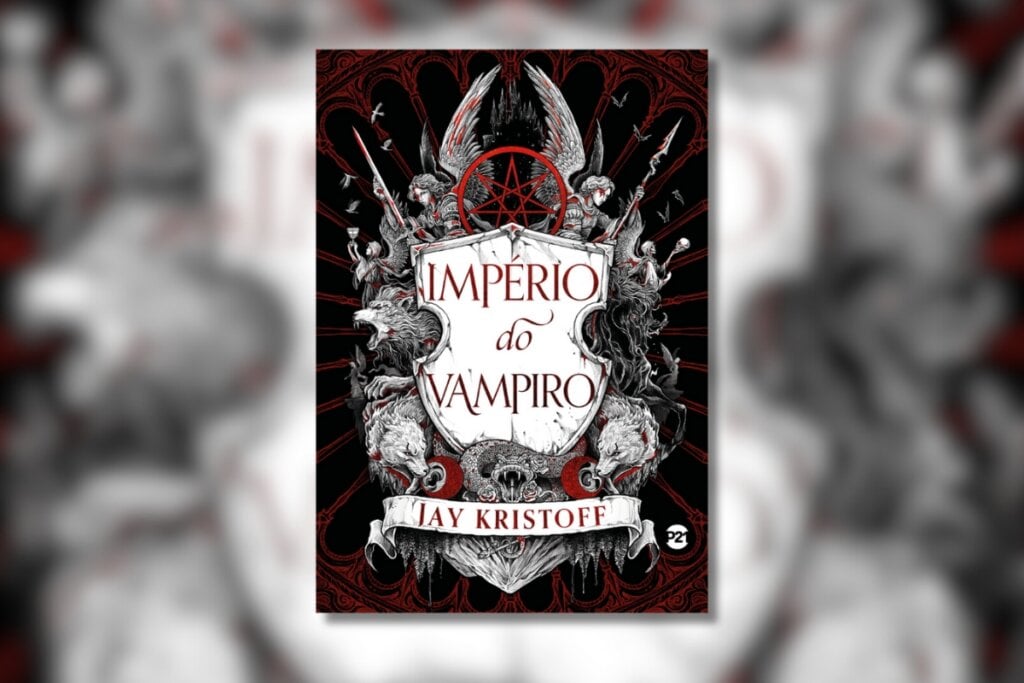 Capa do livro "O Império do Vampiro", com um escudo com a ilustração de sangue