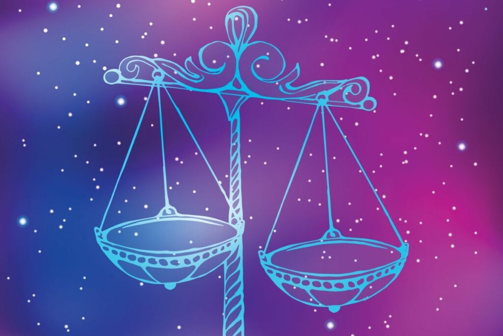 Ilustração do signo de Libra em um fundo rosa e azul com estrelas