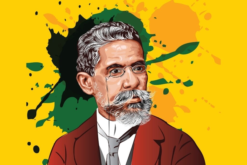 Ilustração de Machado de Asssi em um fundo amarelo com gotas d extinta verde e preta