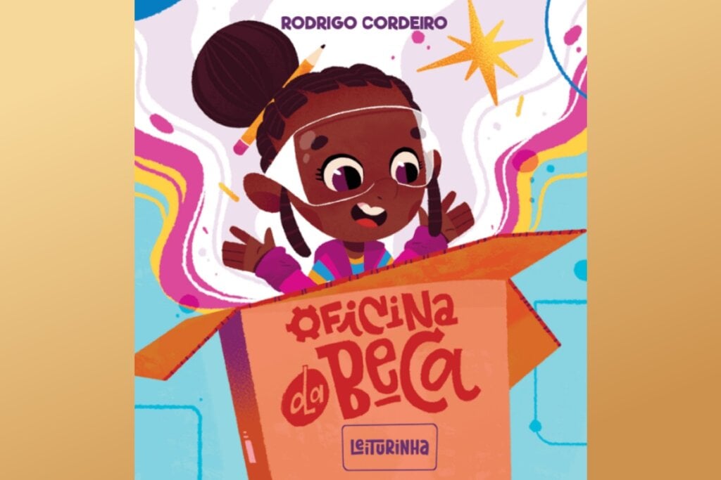 Capa do livro "Oficina da Beca" mostrando uma menina animada com óculos de proteção, cercada de cores vibrantes e ferramentas