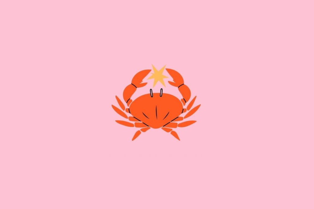 Ilustração de um caranguejo representando o signo de câncer na cor laranja segurando uma estrela em um fundo rosa