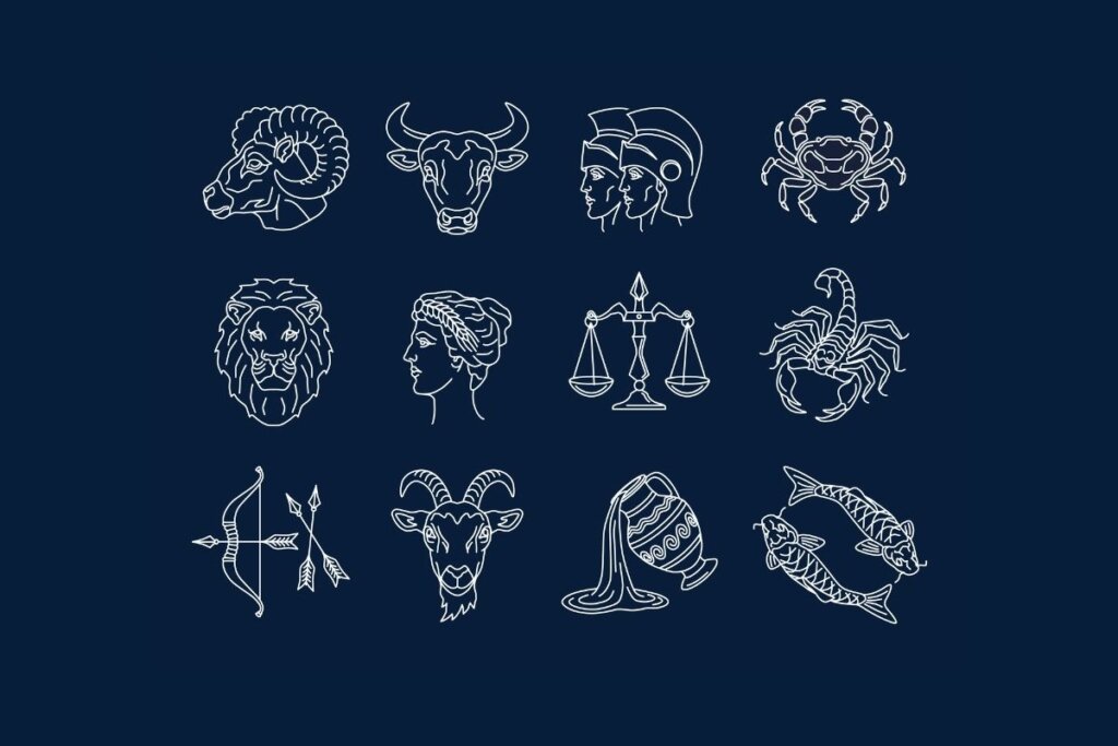 Ilustração dos doze signos do zodíaco em um fundo azul-escuro
