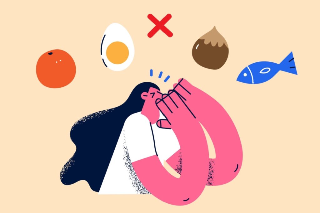 Ilustração de pessoa preocupada com alergias alimentares, cercada por imagens de alimentos comuns que podem causar alergias, como ovo, peixe, nozes e uma fruta, com um símbolo de "X" vermelho indicando a proibição desses itens