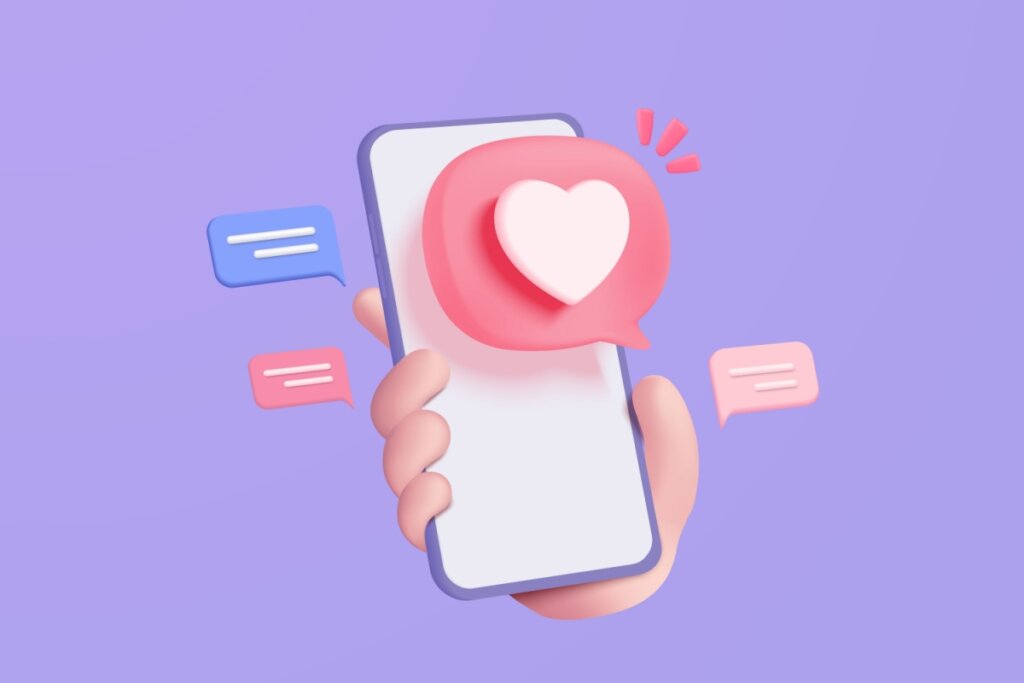Ilustração de uma mão segurando um celular e símbolo de coração na tela e ao redor ícones de mensagens em um fundo roxo.