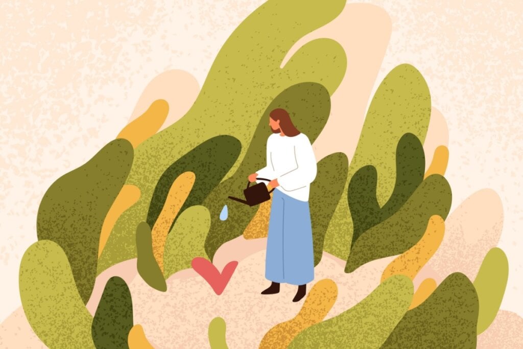 Ilustração de uma mulher regando um coração entre outras plantas