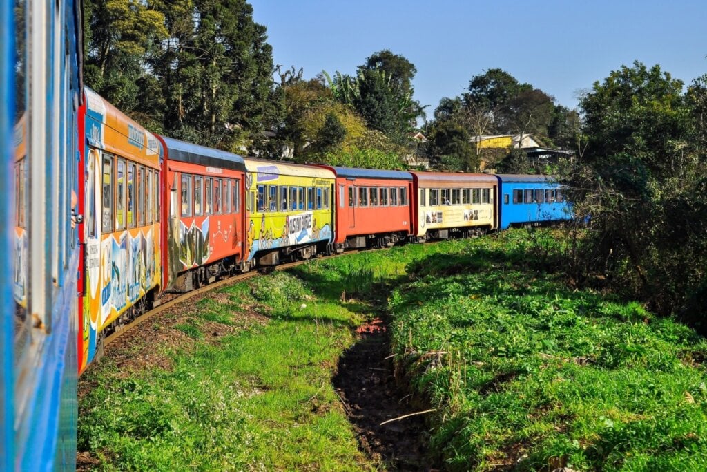 Vagões de trem coloridos com trajeto de Curitiba a Morretes