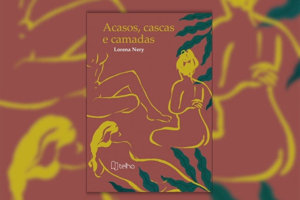 Capa do livro "Acasos, Cascas e Camadas" com a ilustração de silhuetas femininas em um fundo marrom 