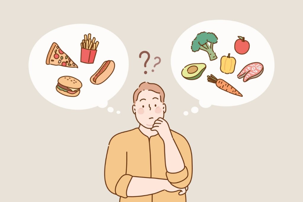 Ilustração de um homem pensando em comidas