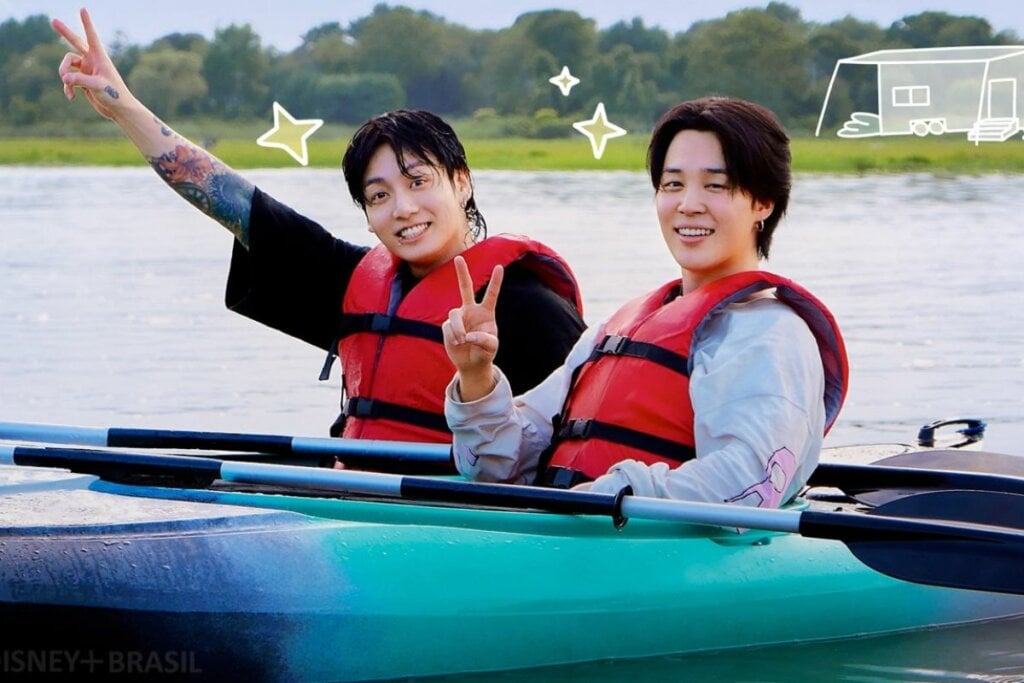 Capa da série "Are You Sure?" com os membros do BTS Jimin e Jung Kook praticando canoagem
