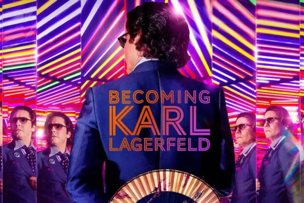 Capa da série "Becoming Karl Lagerfeld" com um homem vestindo um terno virado de costas com espelhos refletindo o seu rosto