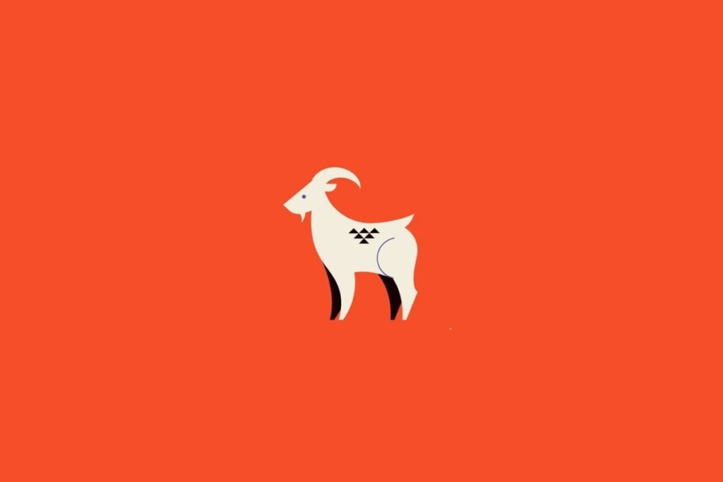 Ilustração de uma cabra bege com patas pretas em um fundo laranja