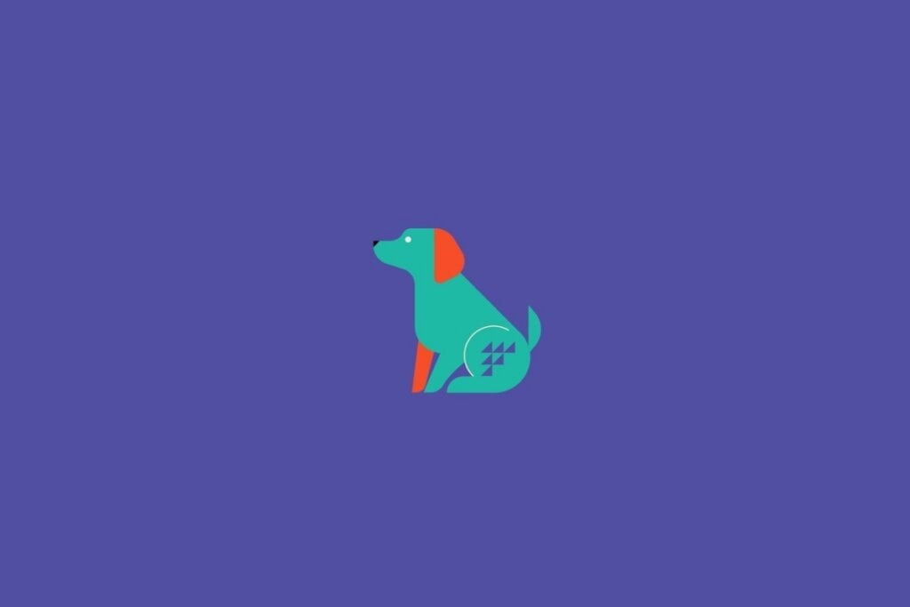 Ilustração de um cachorro verde com orelhas laranja em um fundo roxo