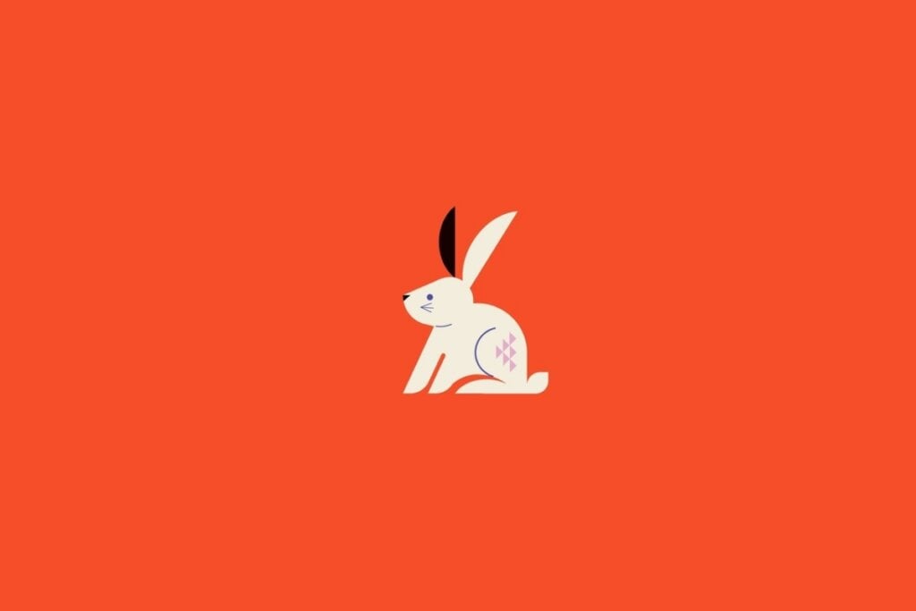 Ilustração de um coelho bege com orelhas pretas em um fundo laranja
